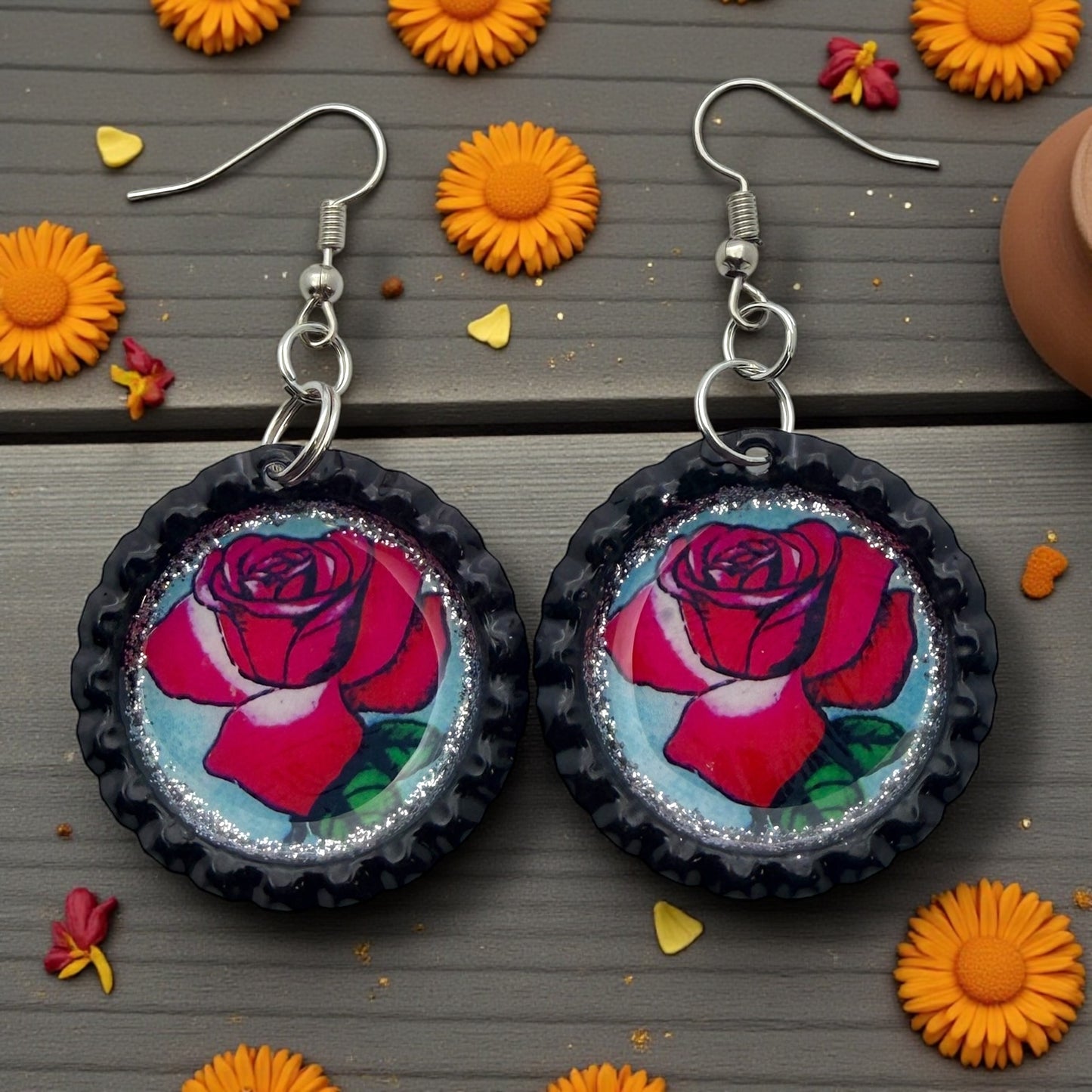 “La Rosa” Bottle Cap Earrings
