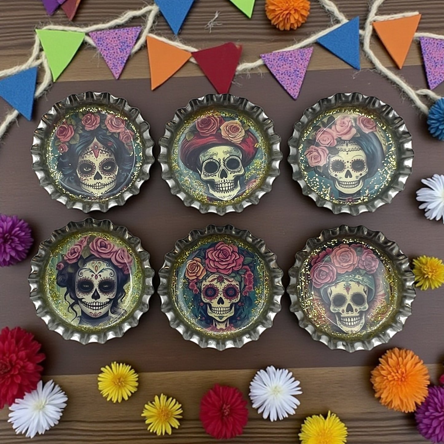 Day of the Dead Sugar Skull Bottle Cap Magnets – Set of 6 Glitter Resin Calavera Designs