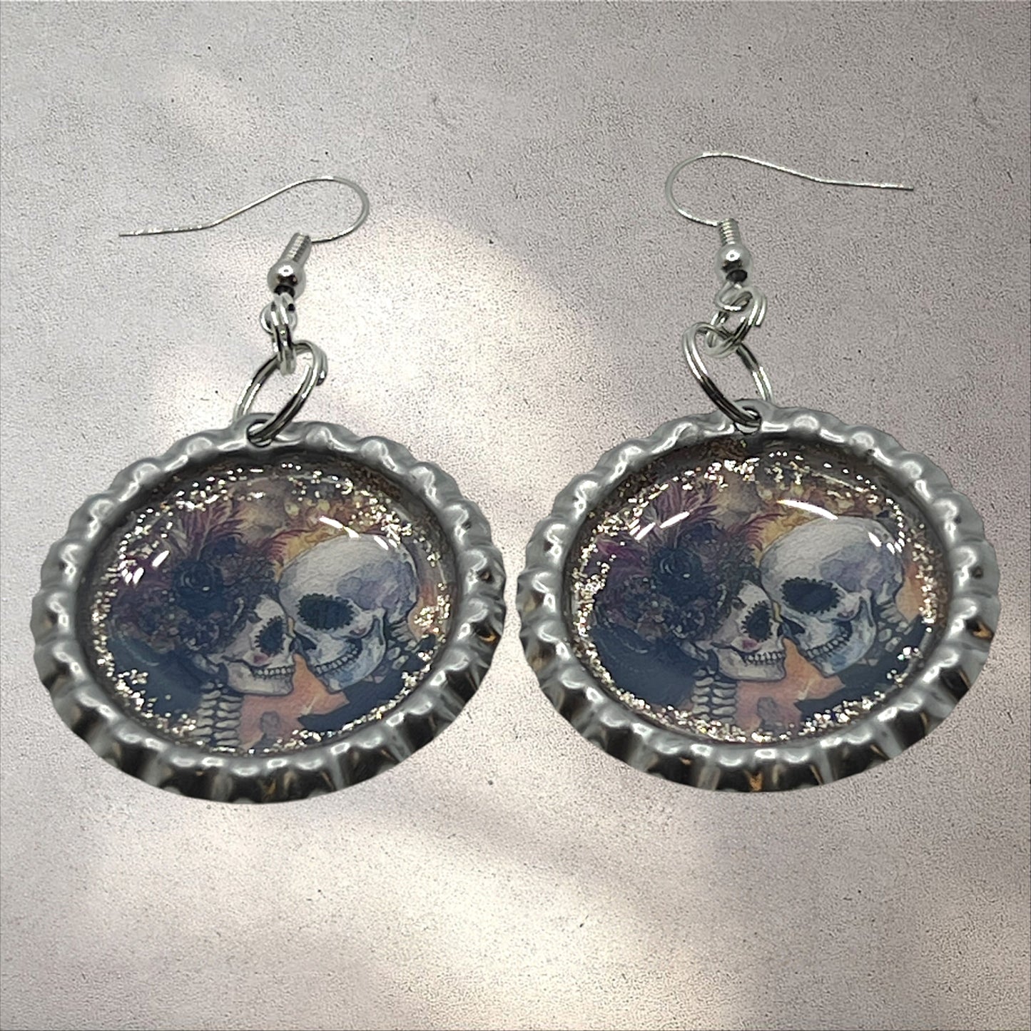 Romantic Skull Couple Bottle Cap Earrings