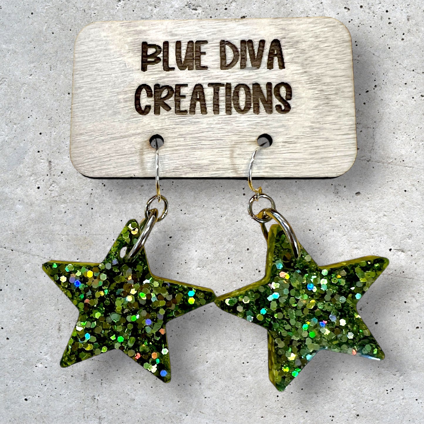 Green Glitter 1” Star Resin Earrings