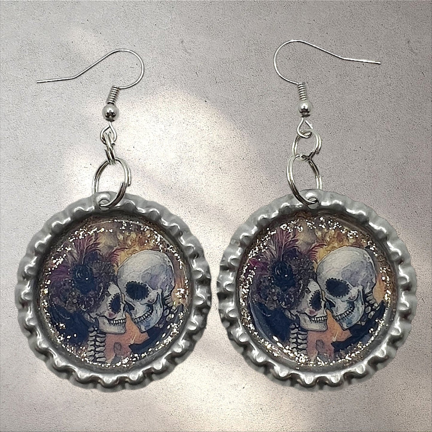 Romantic Skull Couple Bottle Cap Earrings