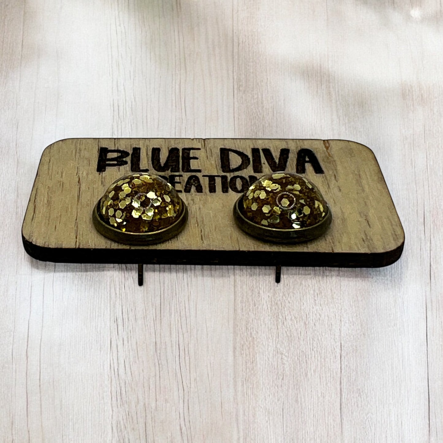 Gold Glitter Resin Stud Earrings – 12mm Sparkly Dome, Hypoallergenic, Handmade