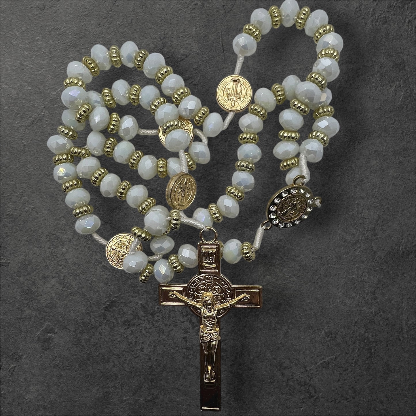 White Crystal Rosary 21” with Gold Crucifix & Catholic Medal