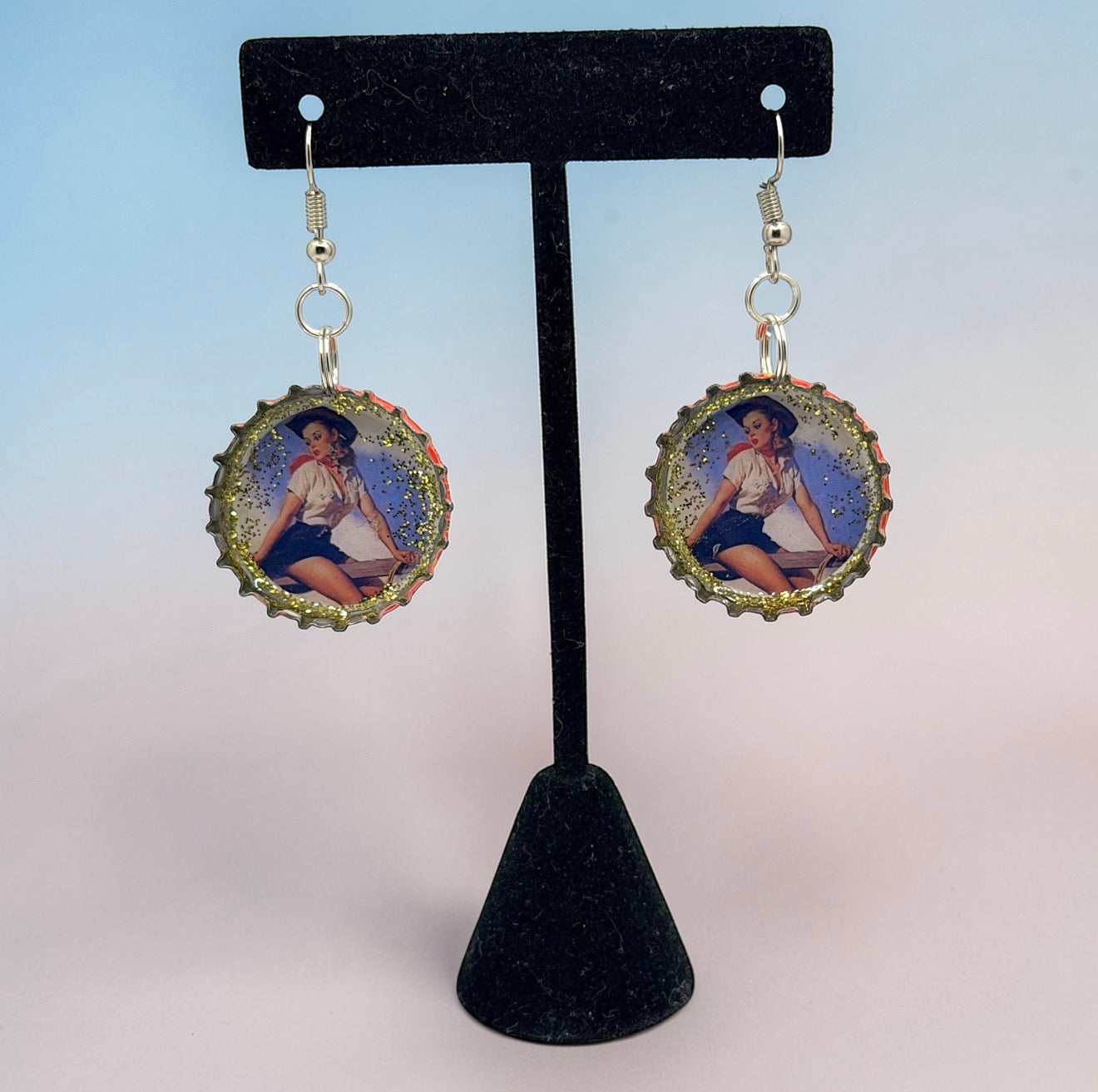 Upcycled Shiner Bock Bottle Cap Retro Cowgirl Earrings