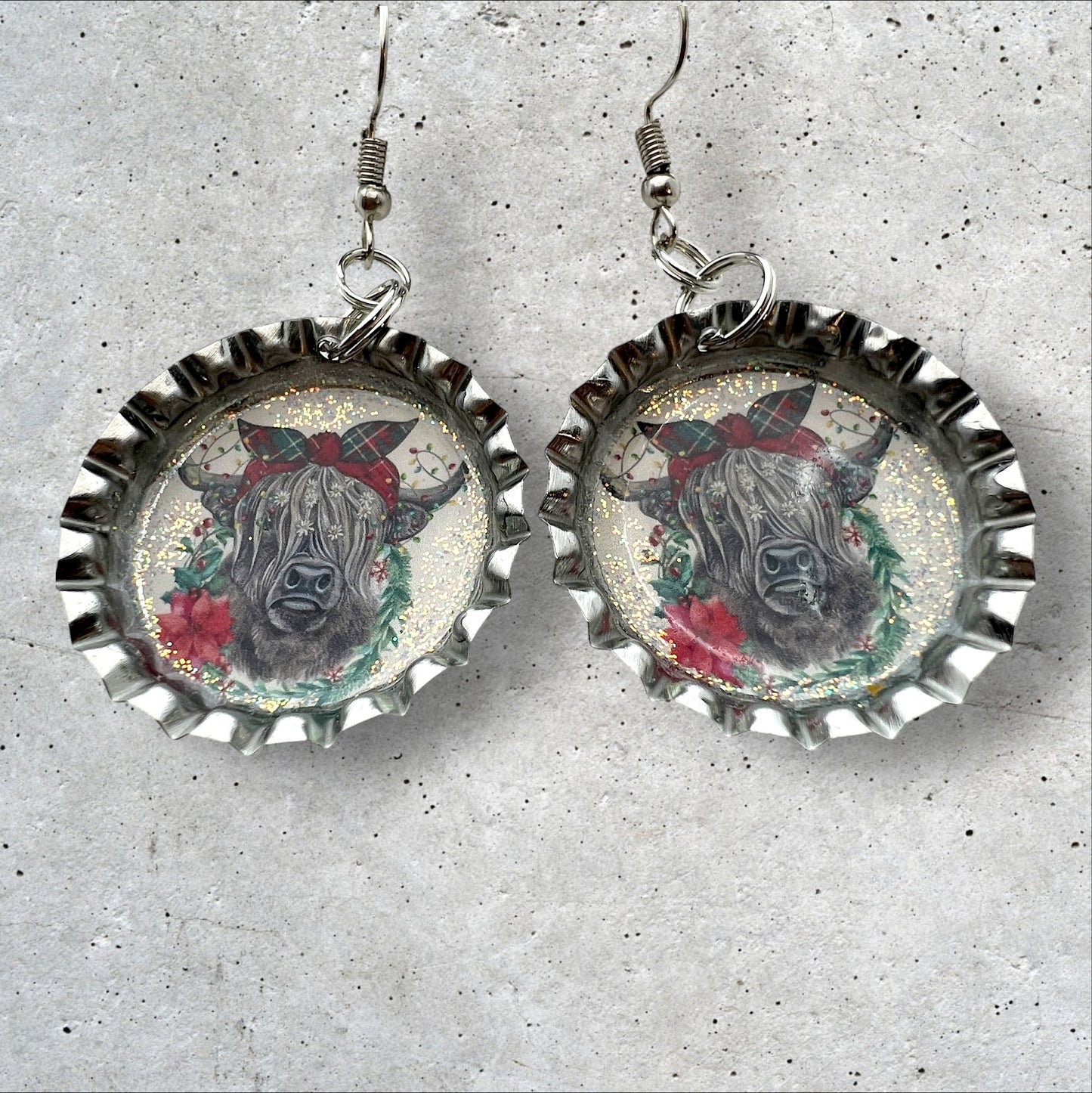 Highland Christmas Cow Bottle Cap Earrings
