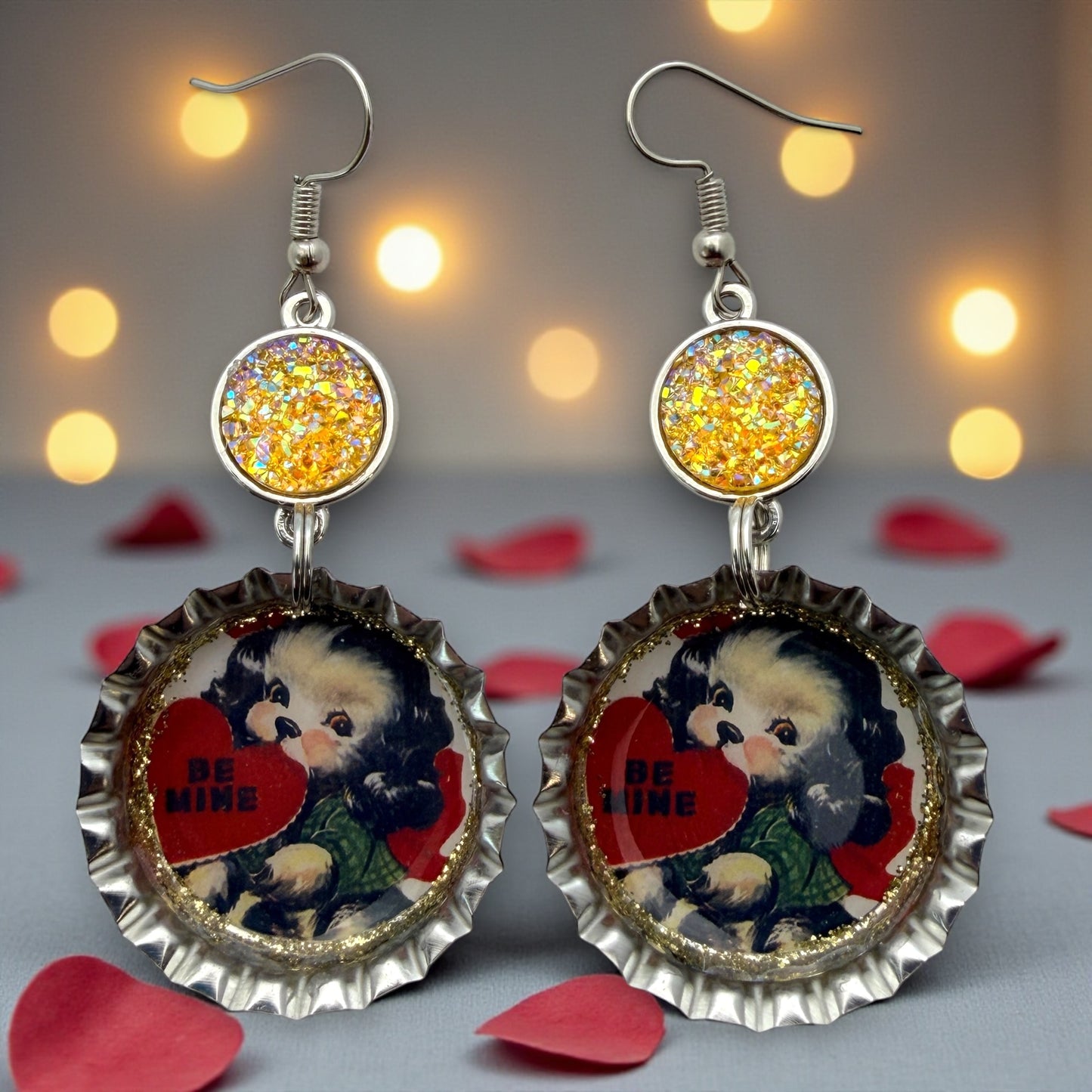 Vintage Valentine Puppy Upcycled Bottle Cap Earrings – Be Mine