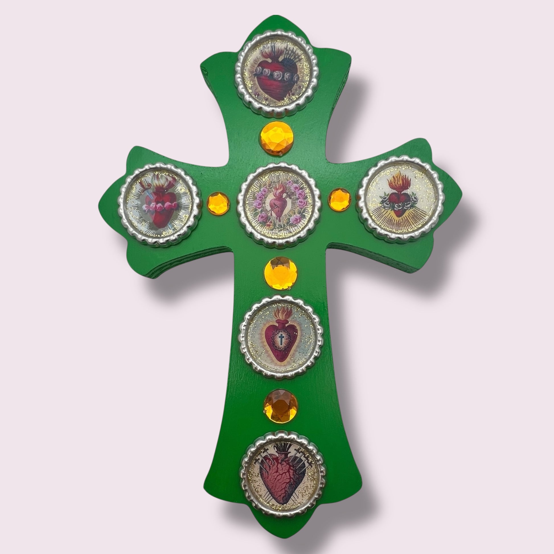 Sacred Heart Wooden Cross – 8” Green Folk Art Cross with Bottle Cap Resin Images & Rhinestones