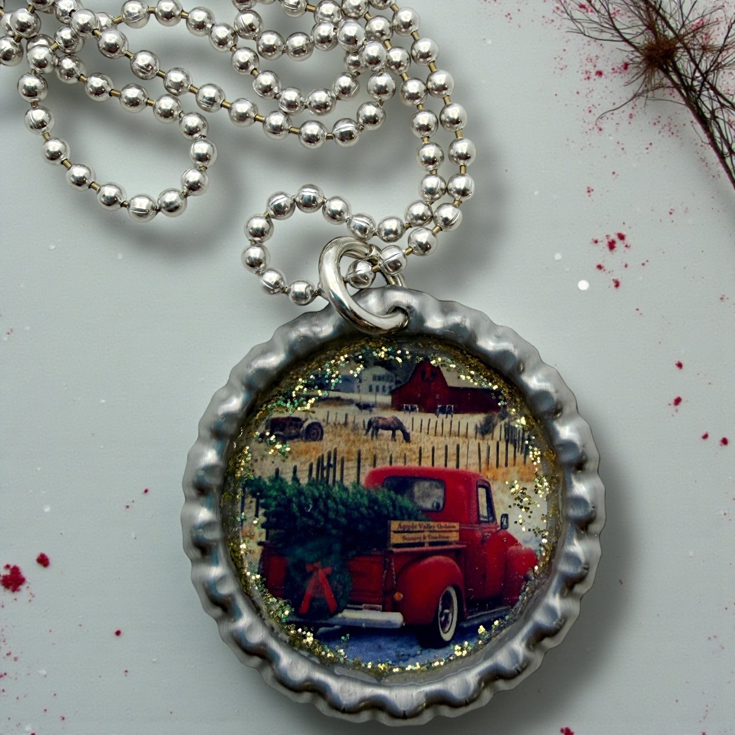 Vintage Red Truck Christmas Bottle Cap Necklace