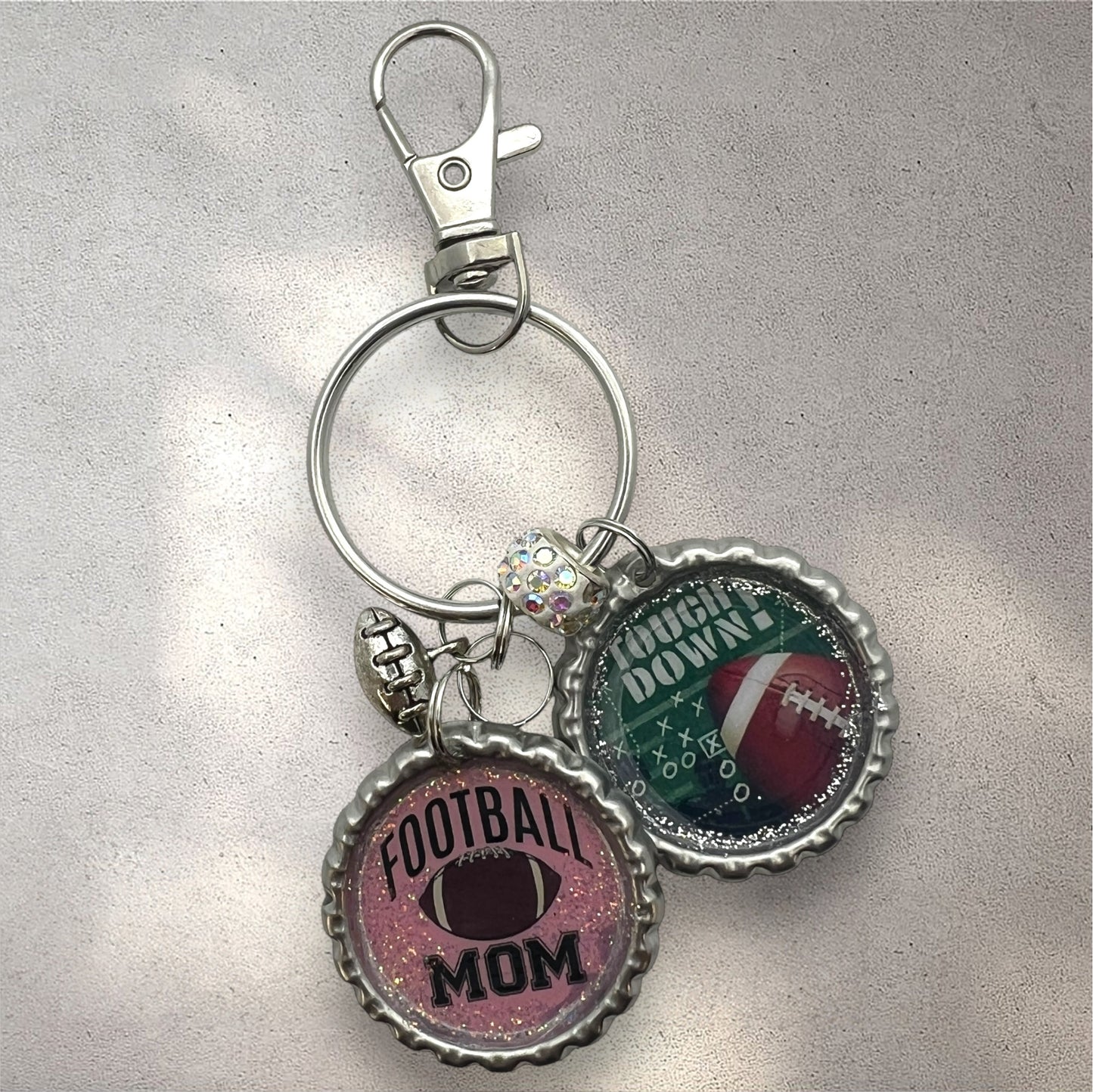 Football Mom & Touchdown Bottle Cap Keychain – Glitter Resin Sports Accessory