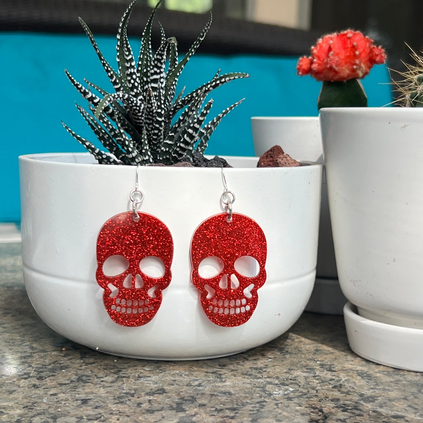 Large Red Glitter Resin Skull Earrings