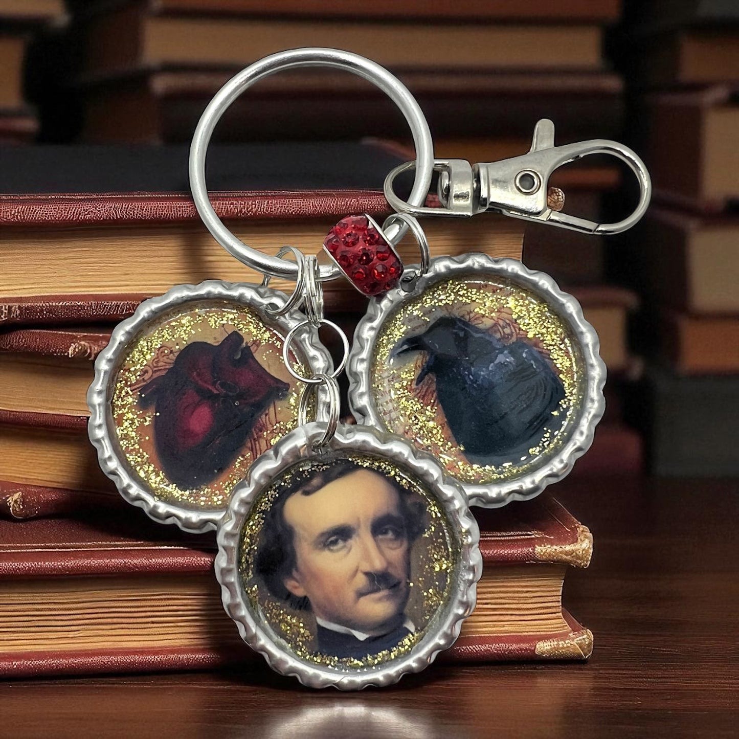 Edgar Allan Poe Keychain with Raven & Heart Charms – Gothic Literature Gift