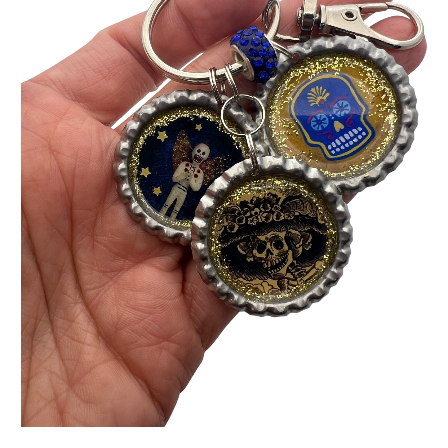 Day of the Dead Bottle Cap Keychain – Resin Calavera, La Catrina & Skeleton Angel
