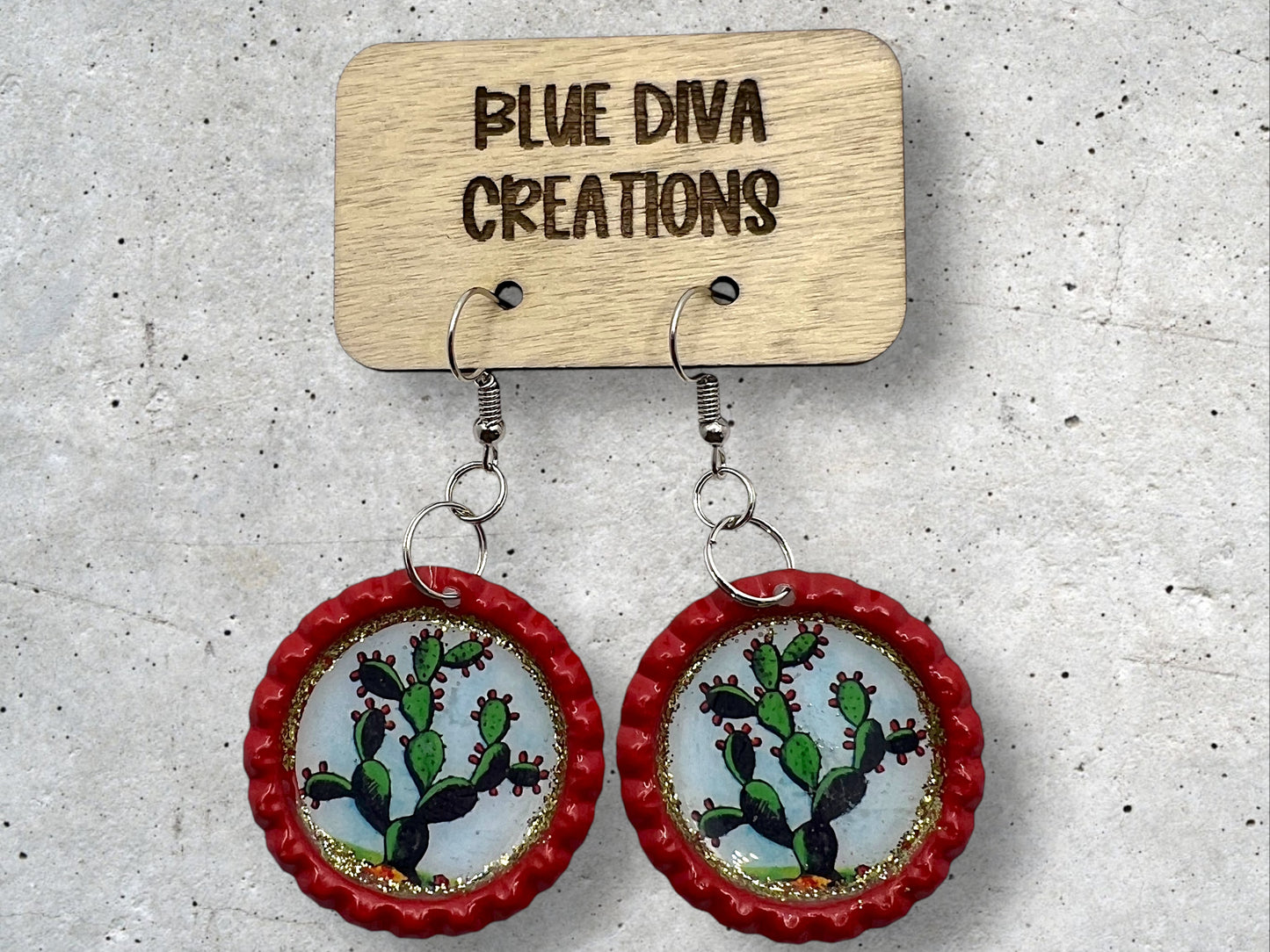 Mexican Loteria “El Nopal” Red Bottle Cap Earrings