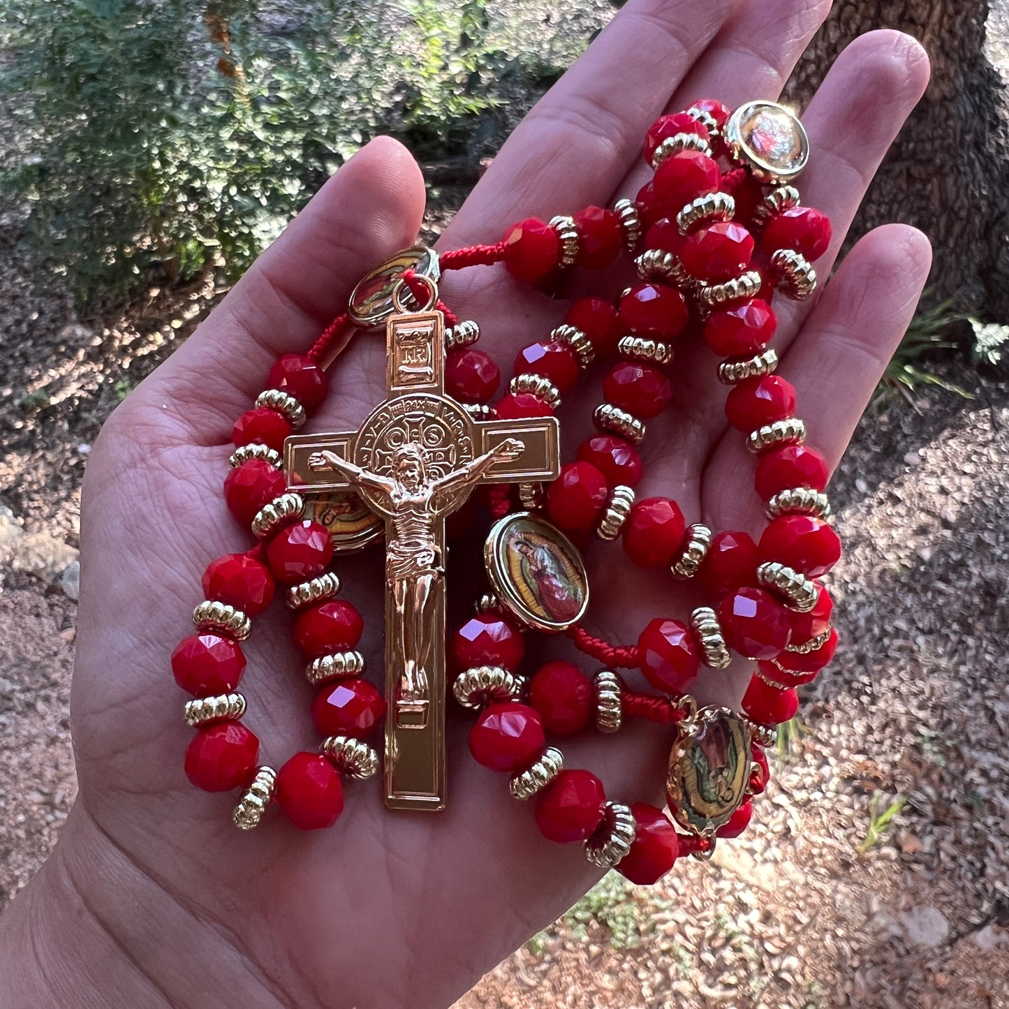 Red Crystal Rosary 21” with Our Lady of Guadalupe Medals & Gold Crucifix