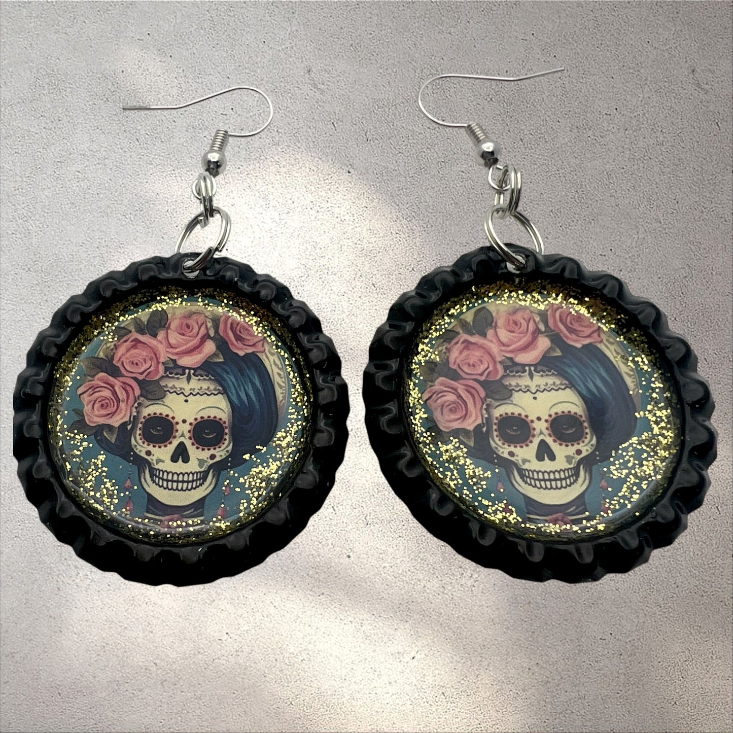 Sugar Skull Bottle Cap Earrings – Pink Rose Glitter Dangle | Día de los Muertos Jewelry