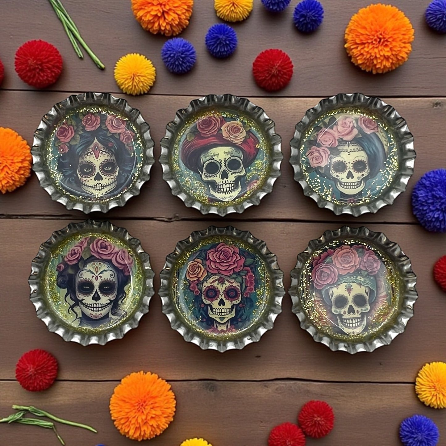 Day of the Dead Sugar Skull Bottle Cap Magnets – Set of 6 Glitter Resin Calavera Designs