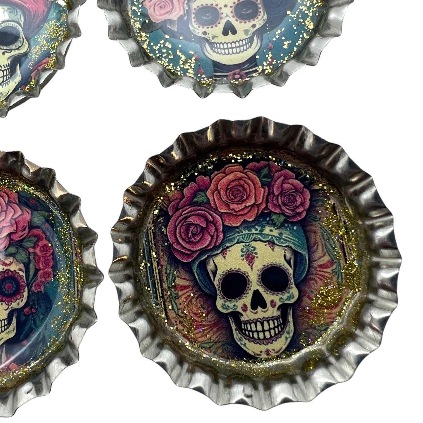 Day of the Dead Sugar Skull Bottle Cap Magnets – Set of 6 Glitter Resin Calavera Designs