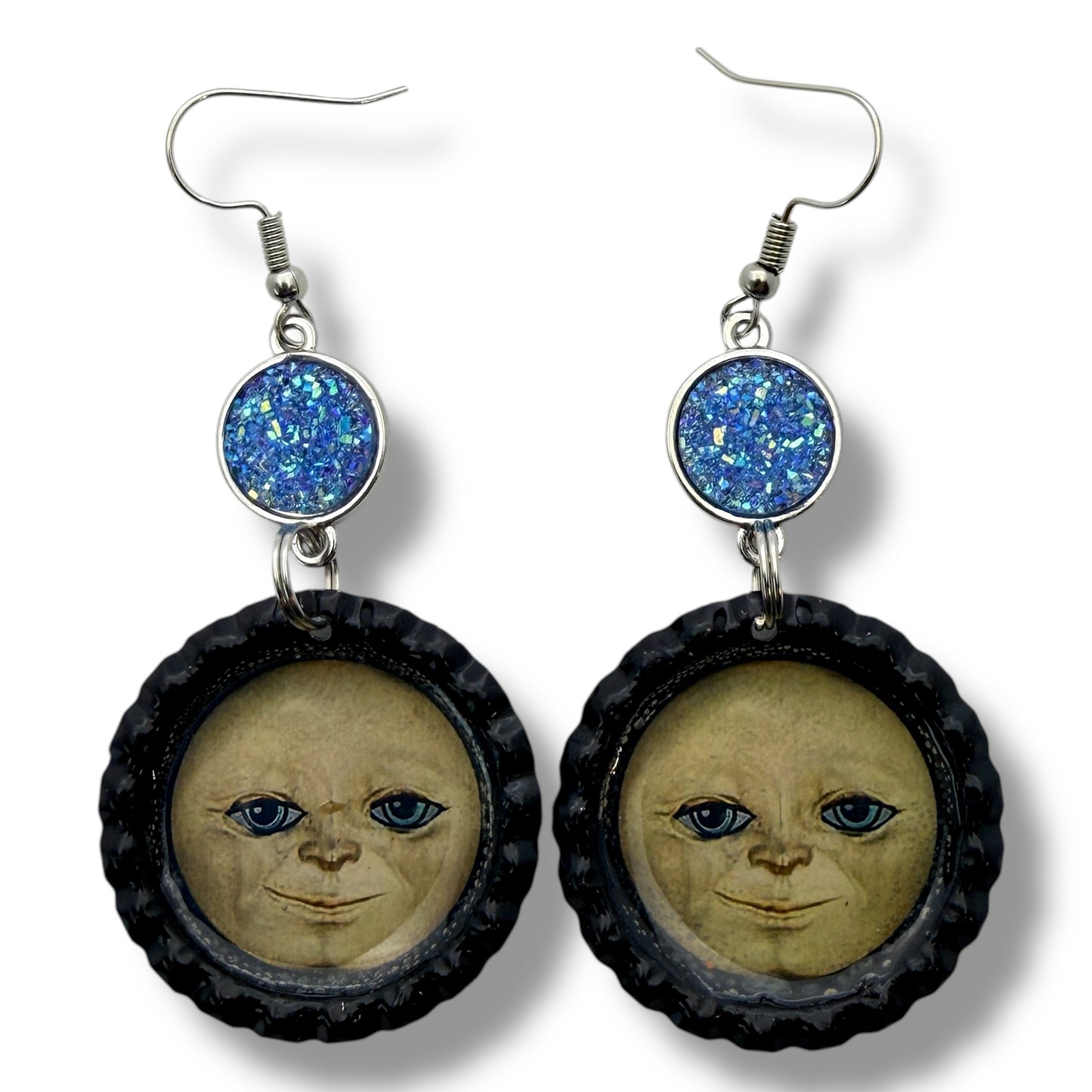 Moon Face Bottle Cap Earrings with Blue Druzy