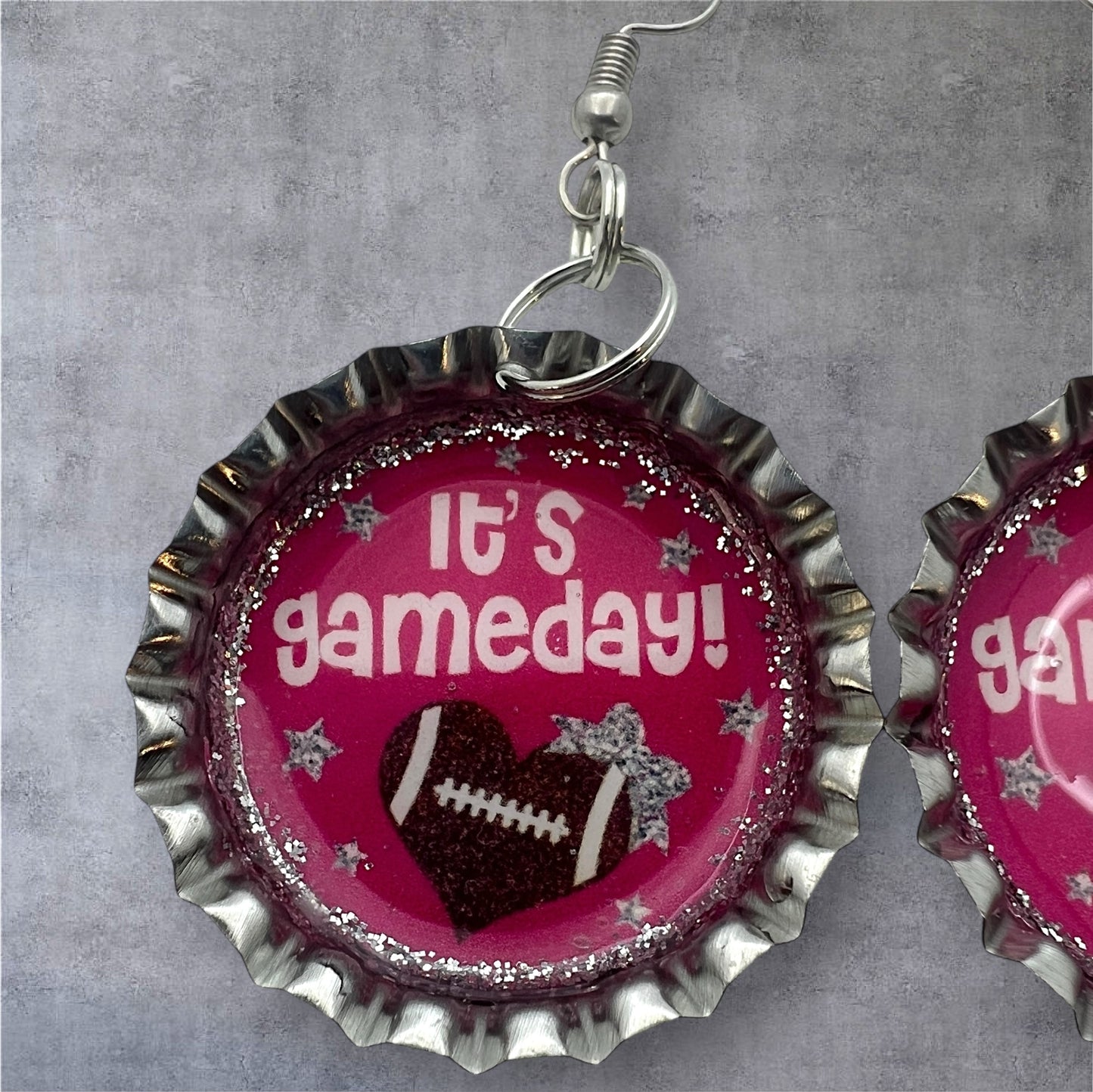Pink Gameday Football Bottle Cap Earrings – Glitter Sports Fan Jewelry