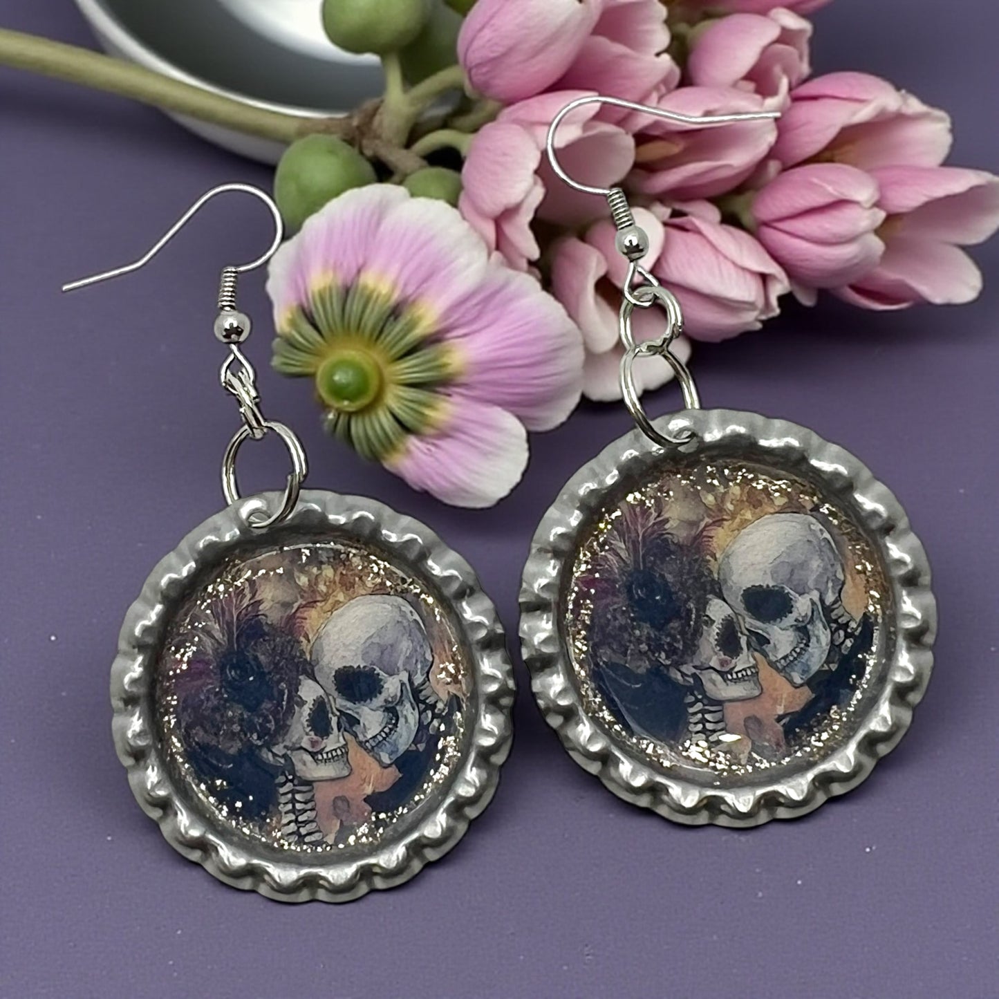 Romantic Skull Couple Bottle Cap Earrings