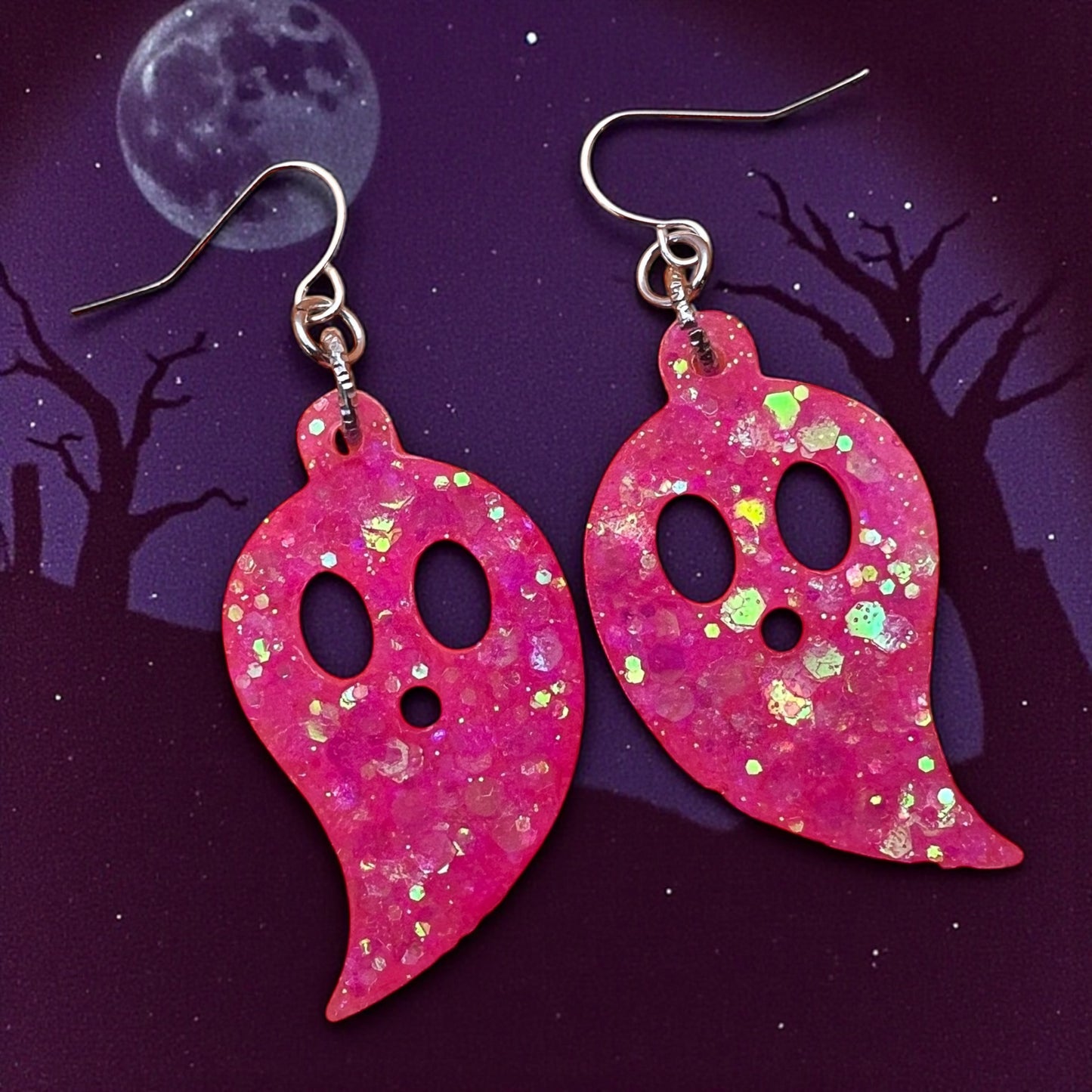 Hot Pink Glitter Ghost Earrings | Cute Kawaii Halloween Dangles