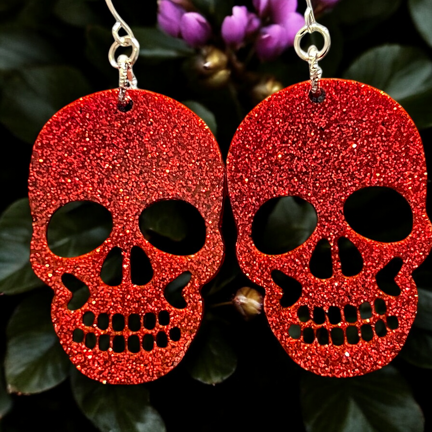 Large Red Glitter Resin Skull Earrings