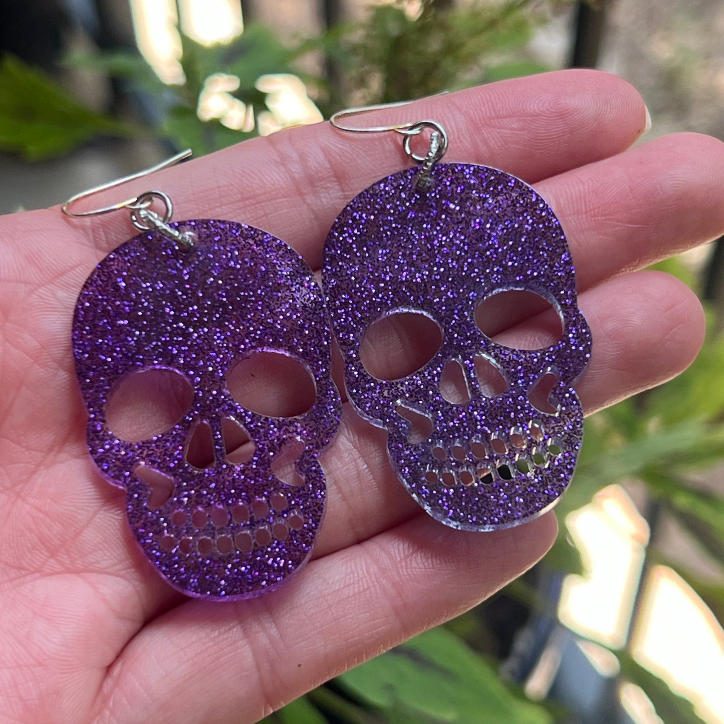 Large Purple Glitter Resin Skull Earrings