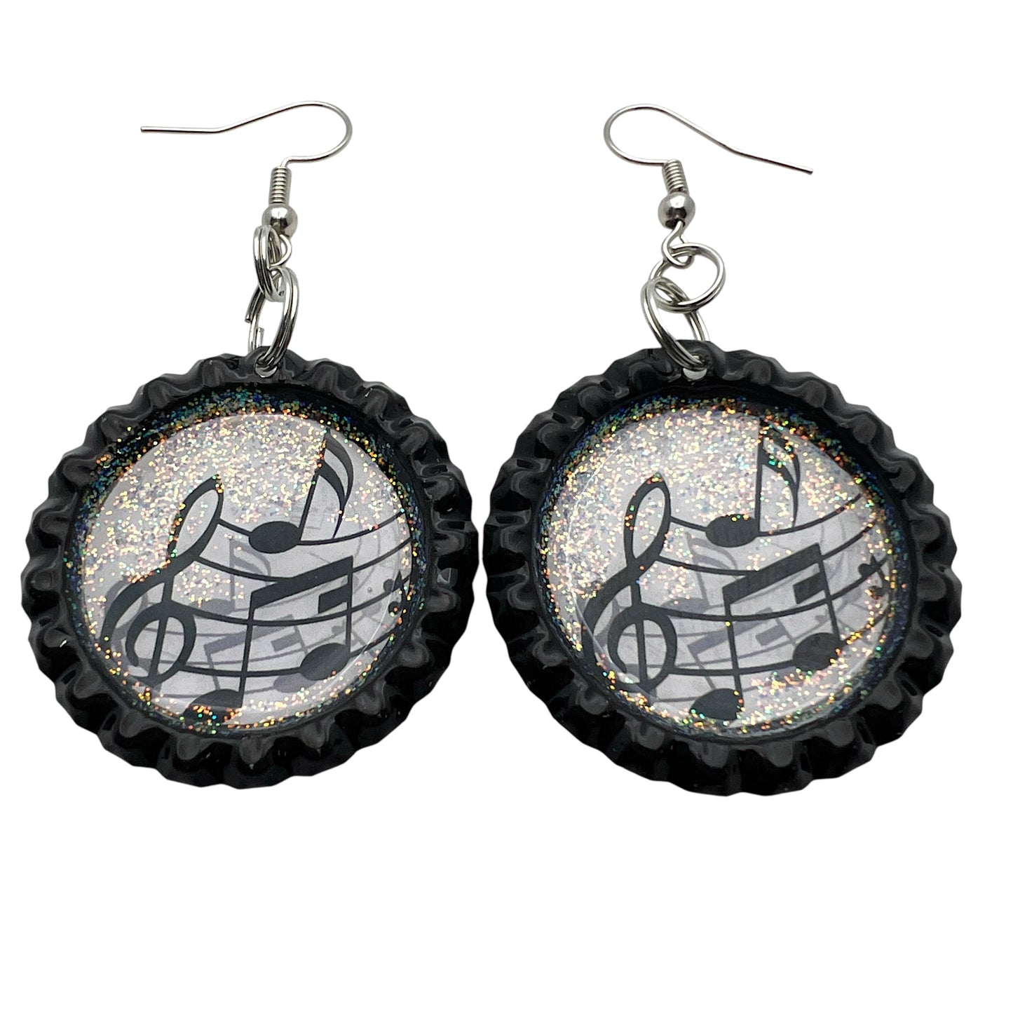 Music Note Bottle Cap Earrings โ Glitter Resin Dangle Jewelry for Musicians & Music Lovers