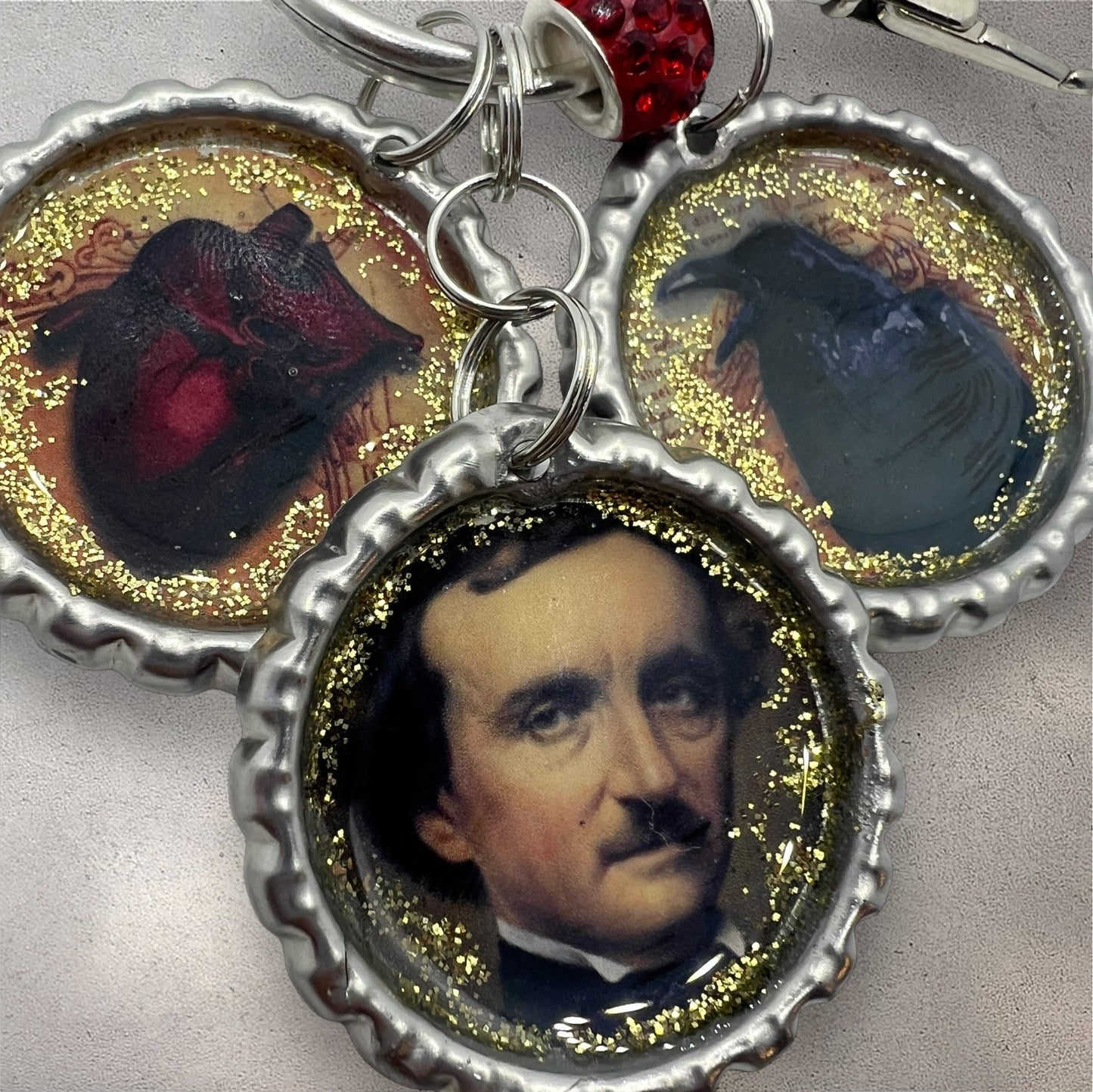 Edgar Allan Poe Keychain with Raven & Heart Charms