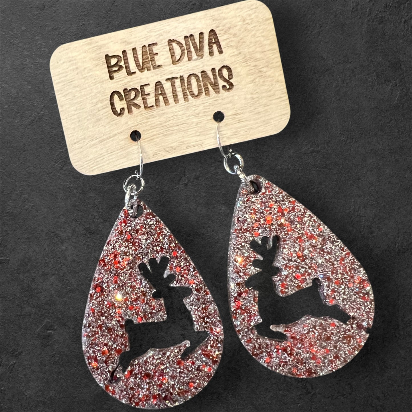 Red and Silver Reindeer Large teardrop earrings