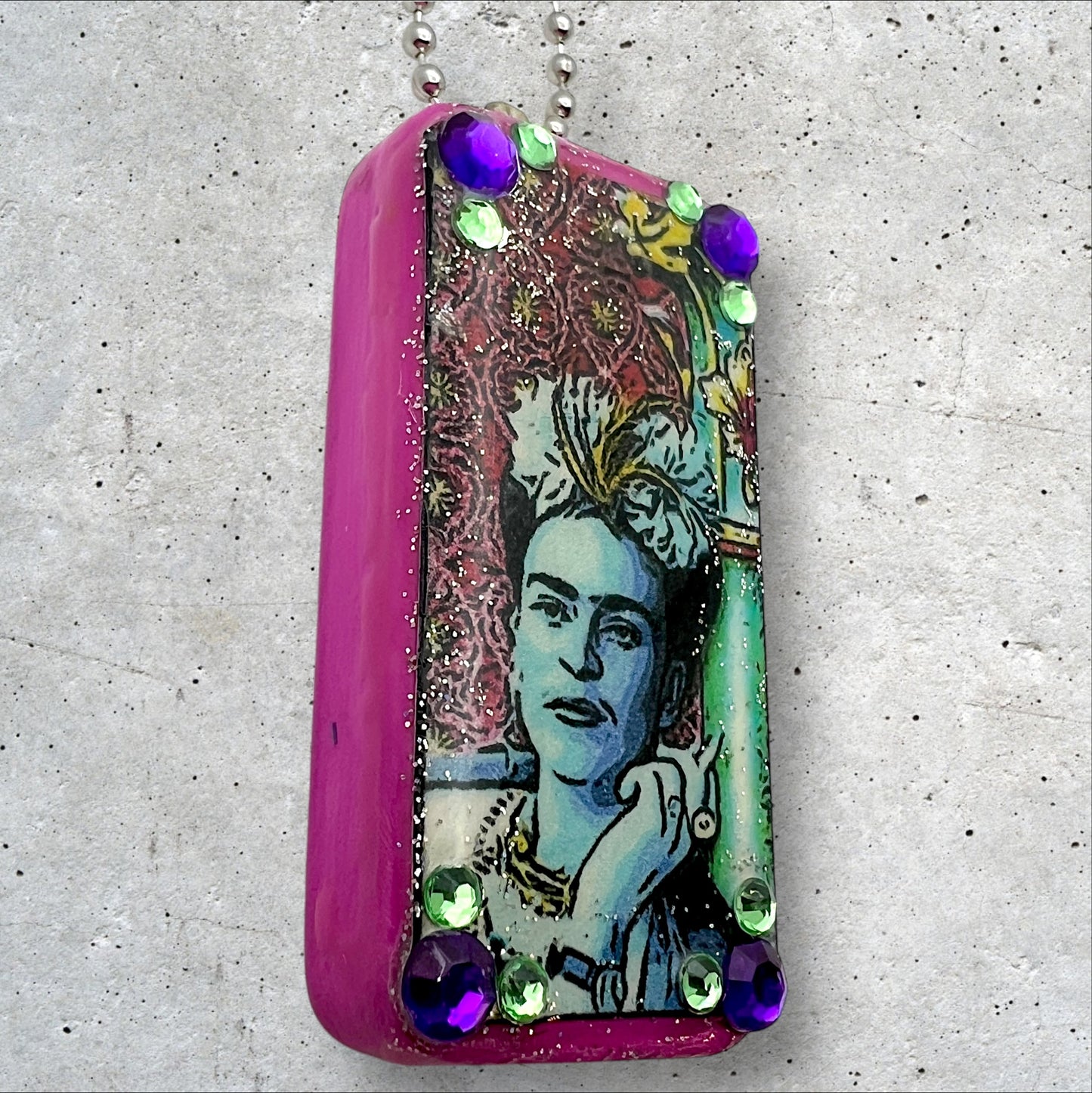Frida Kahlo with Cigarette Upcycled Domino Pendant Necklace