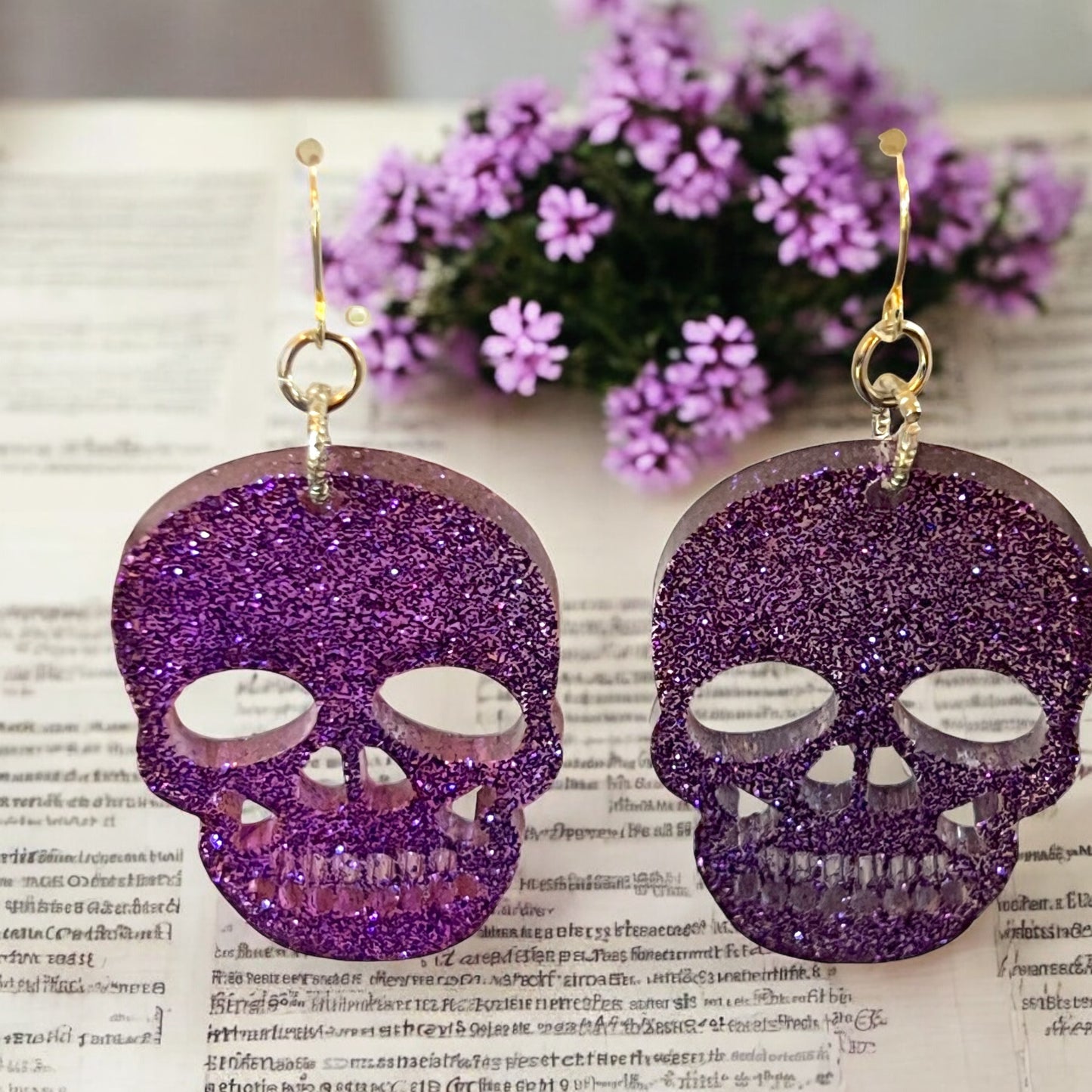 Large Purple Glitter Resin Skull Earrings