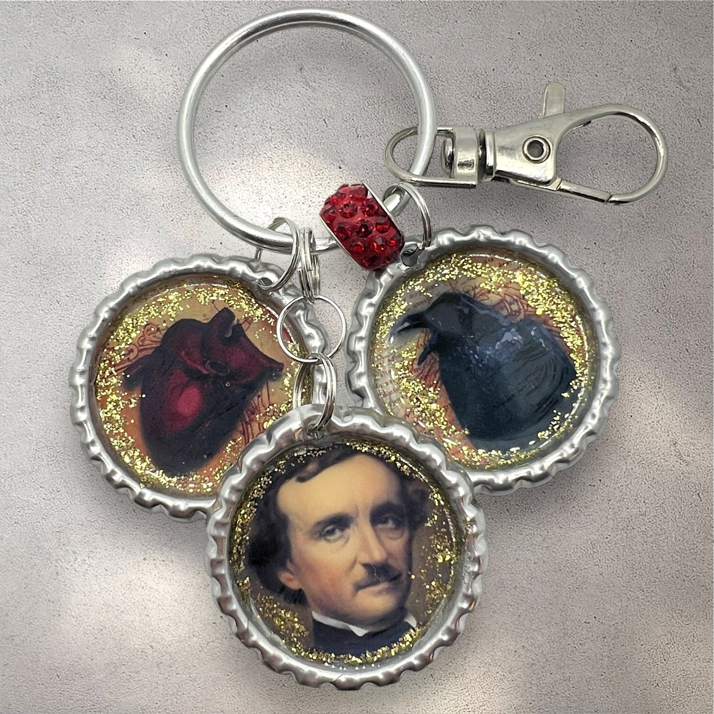 Edgar Allan Poe Keychain with Raven & Heart Charms