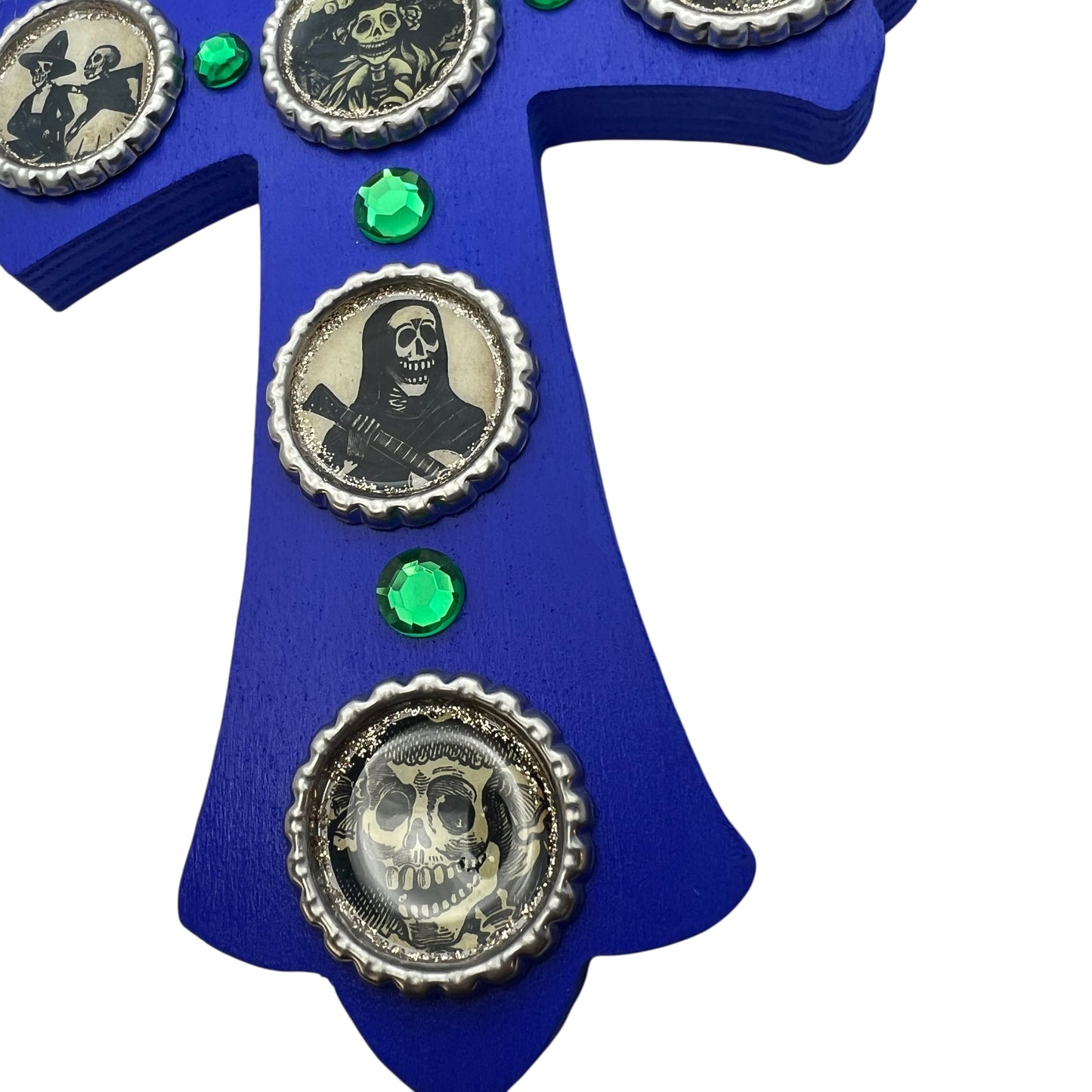 Blue Wooden Cross with Bottle Cap Calavera Art – Día de los Muertos Wall Décor