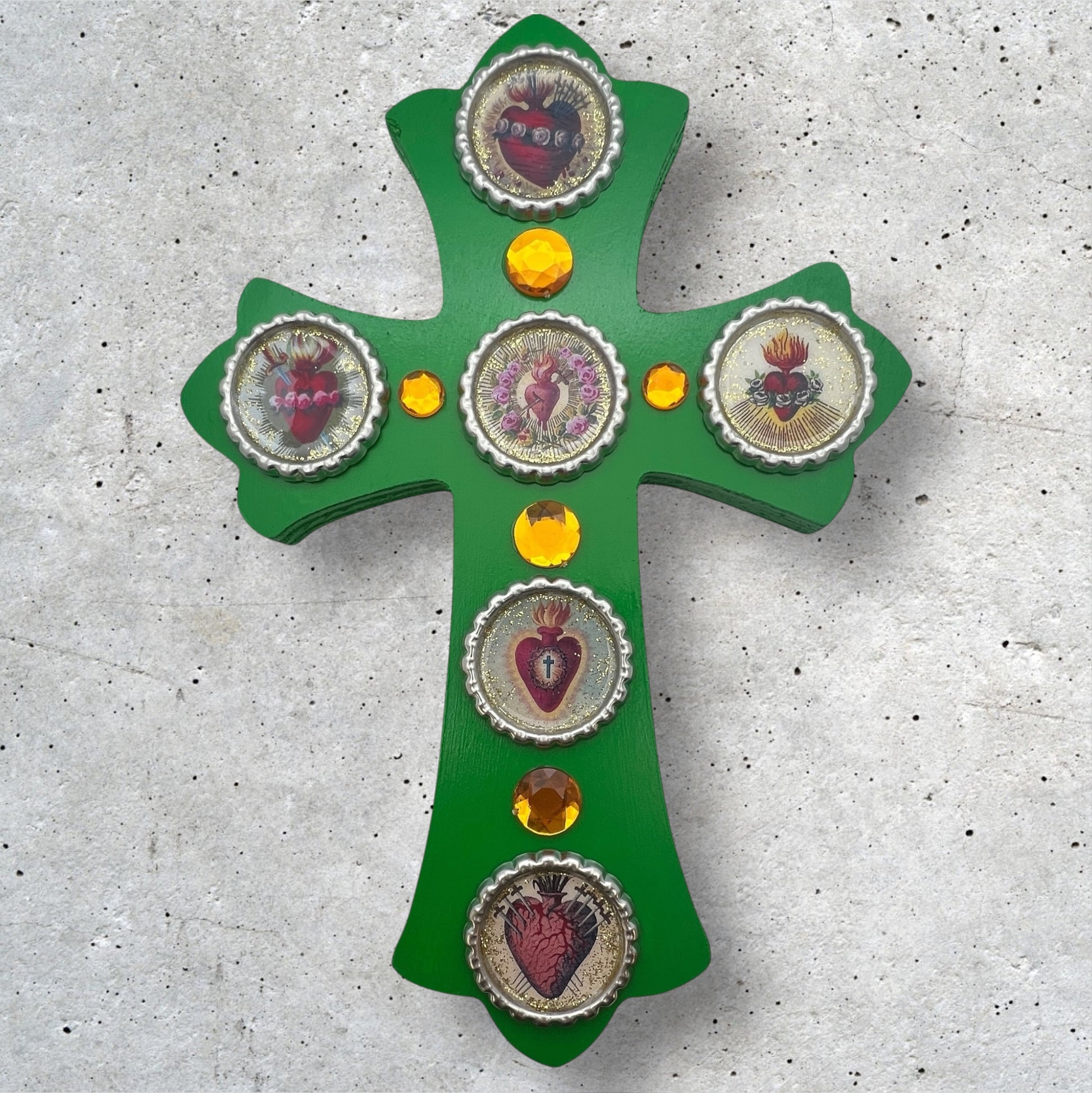 Sacred Heart Wooden Cross – 8” Green Folk Art Cross with Bottle Cap Resin Images & Rhinestones