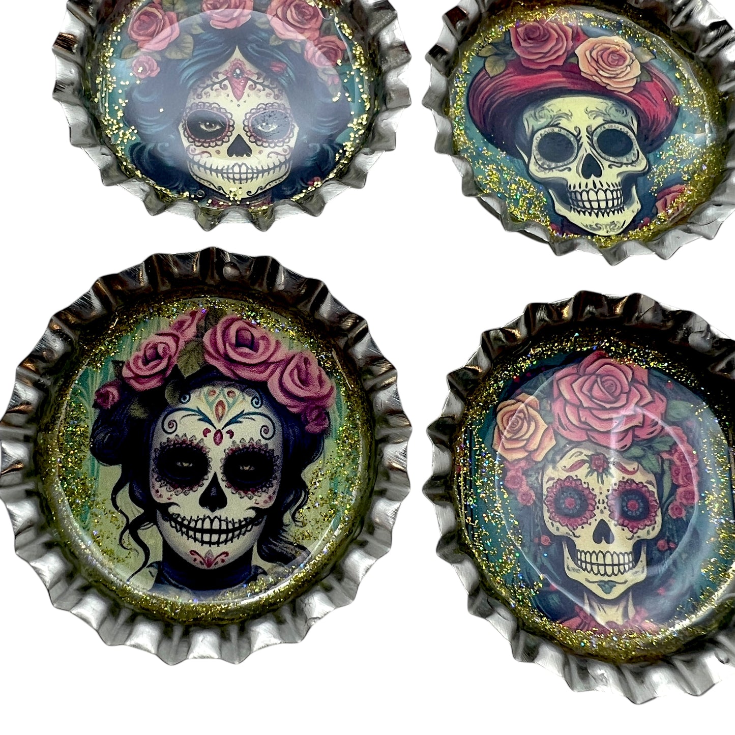 Day of the Dead Sugar Skull Bottle Cap Magnets – Set of 6 Glitter Resin Calavera Designs