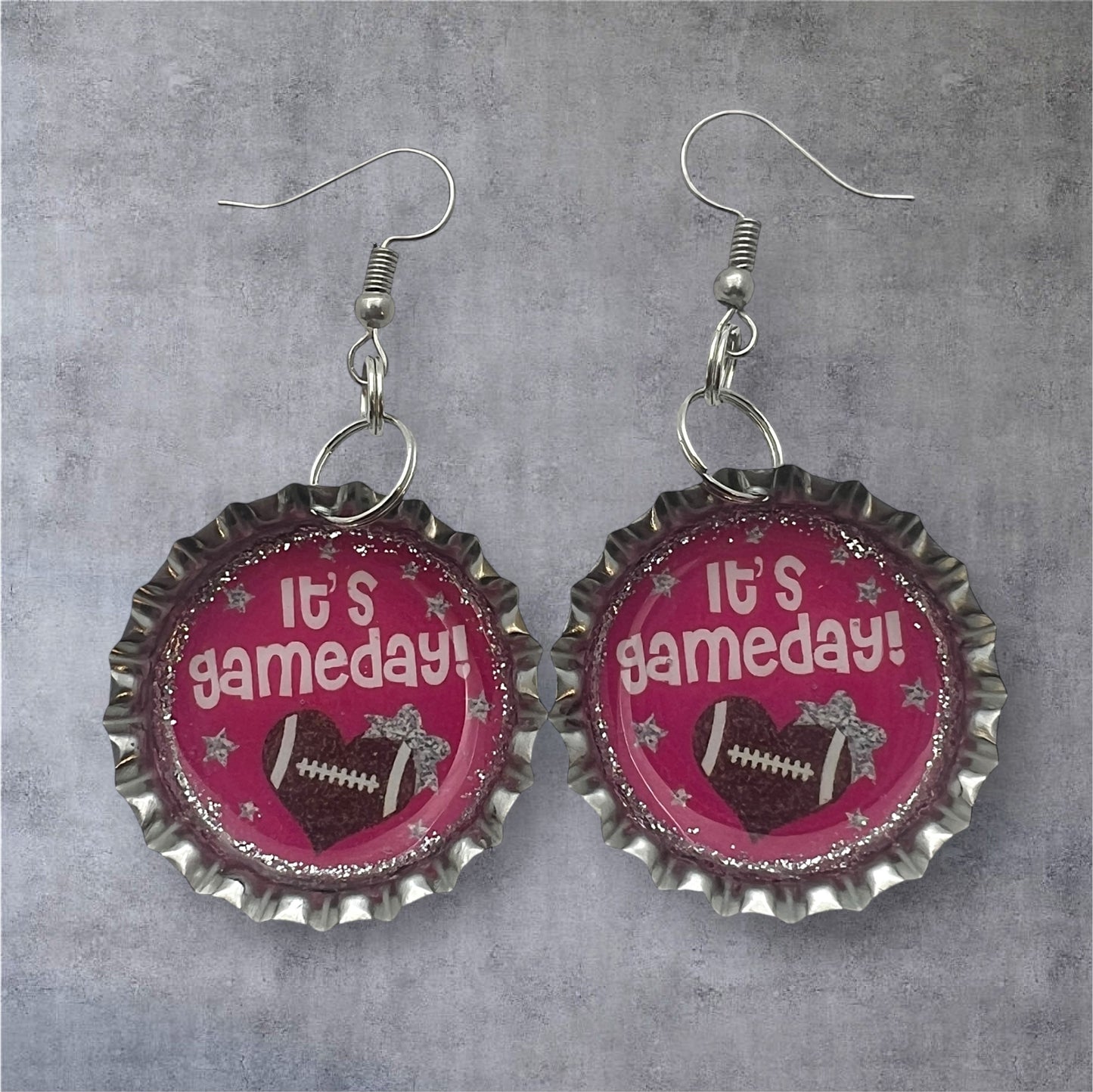 Pink Gameday Football Bottle Cap Earrings – Glitter Sports Fan Jewelry