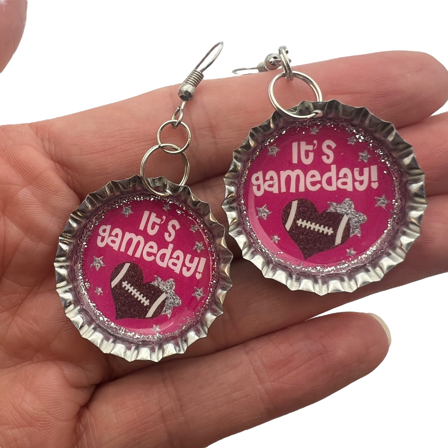 Pink Gameday Football Bottle Cap Earrings – Glitter Sports Fan Jewelry