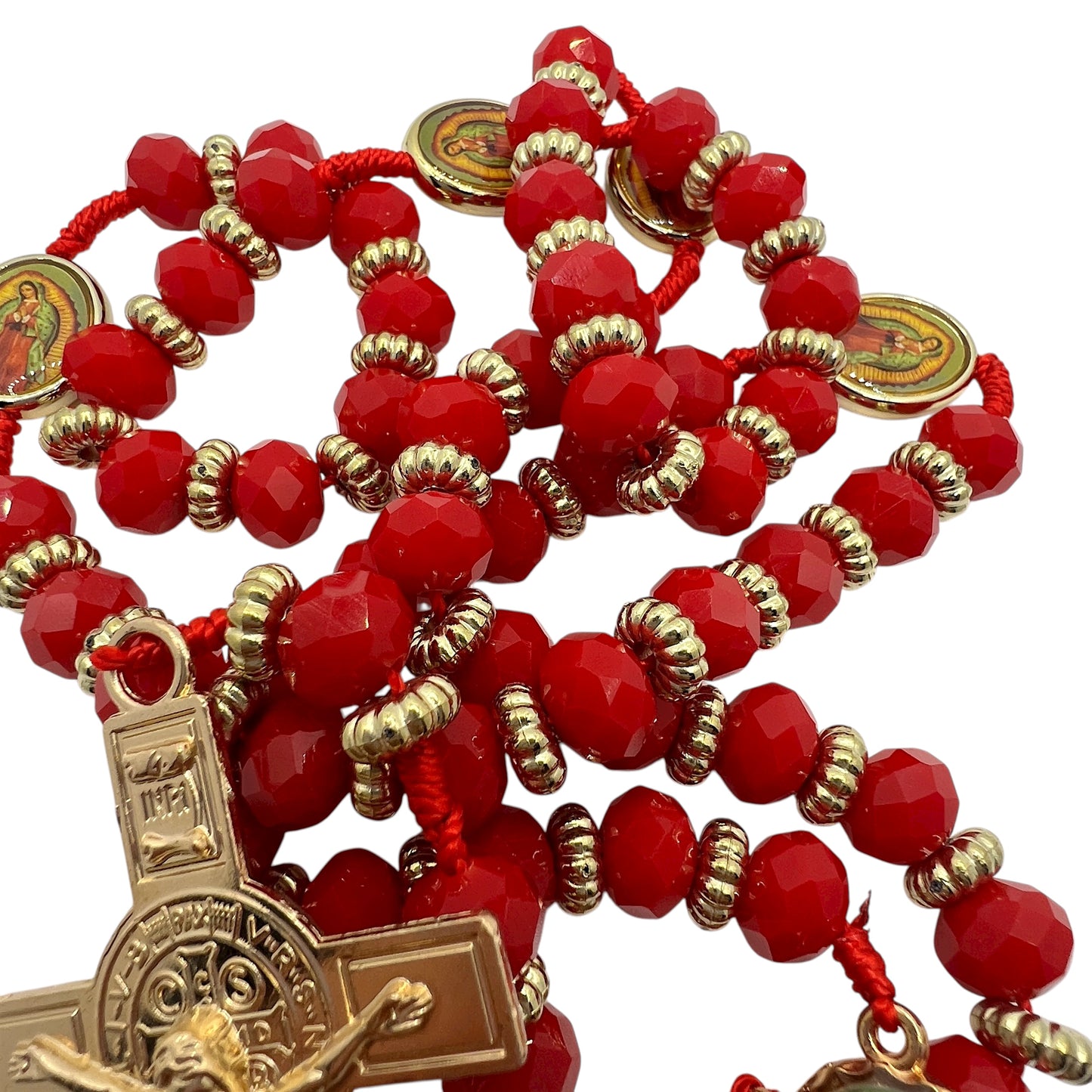 Red Crystal Rosary 21” with Our Lady of Guadalupe Medals & Gold Crucifix