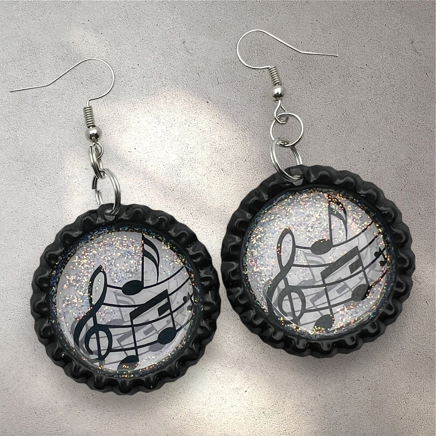 Music Note Bottle Cap Earrings โ Glitter Resin Dangle Jewelry for Musicians & Music Lovers