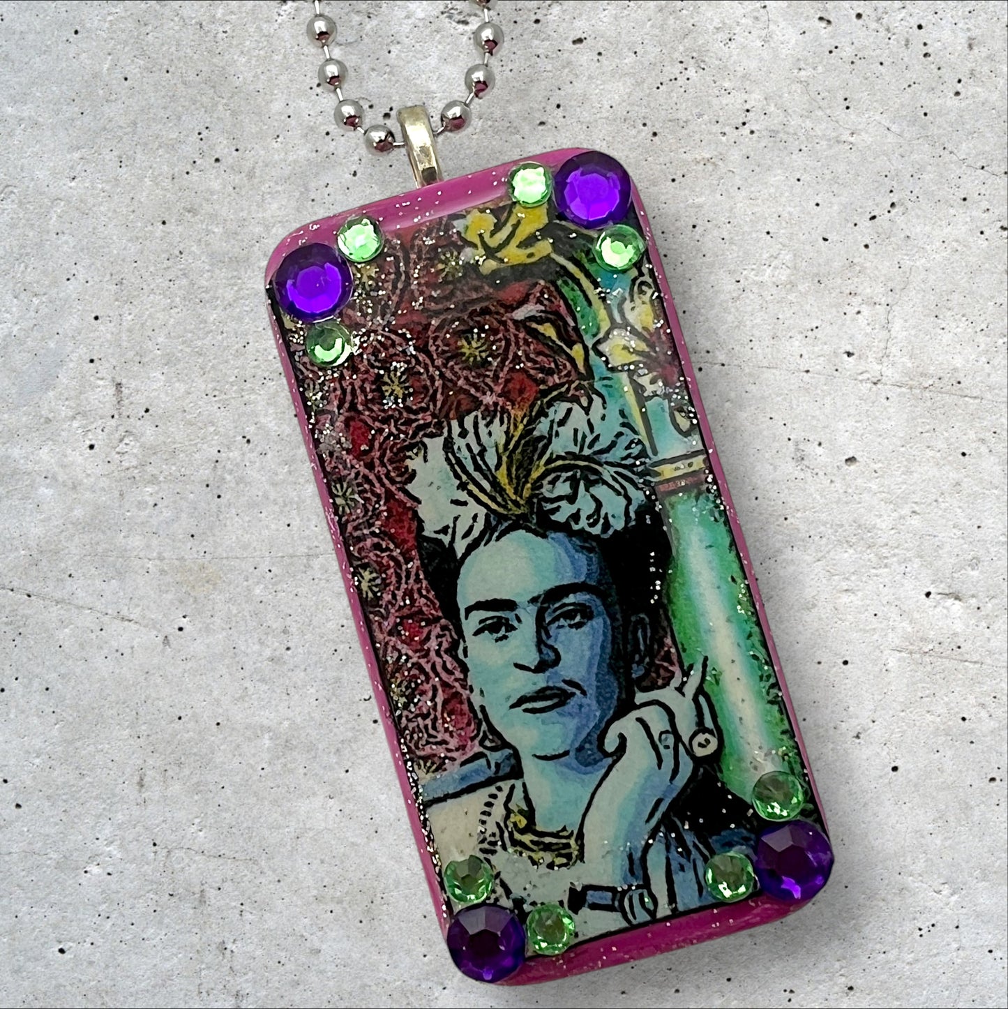 Frida Kahlo with Cigarette Upcycled Domino Pendant Necklace