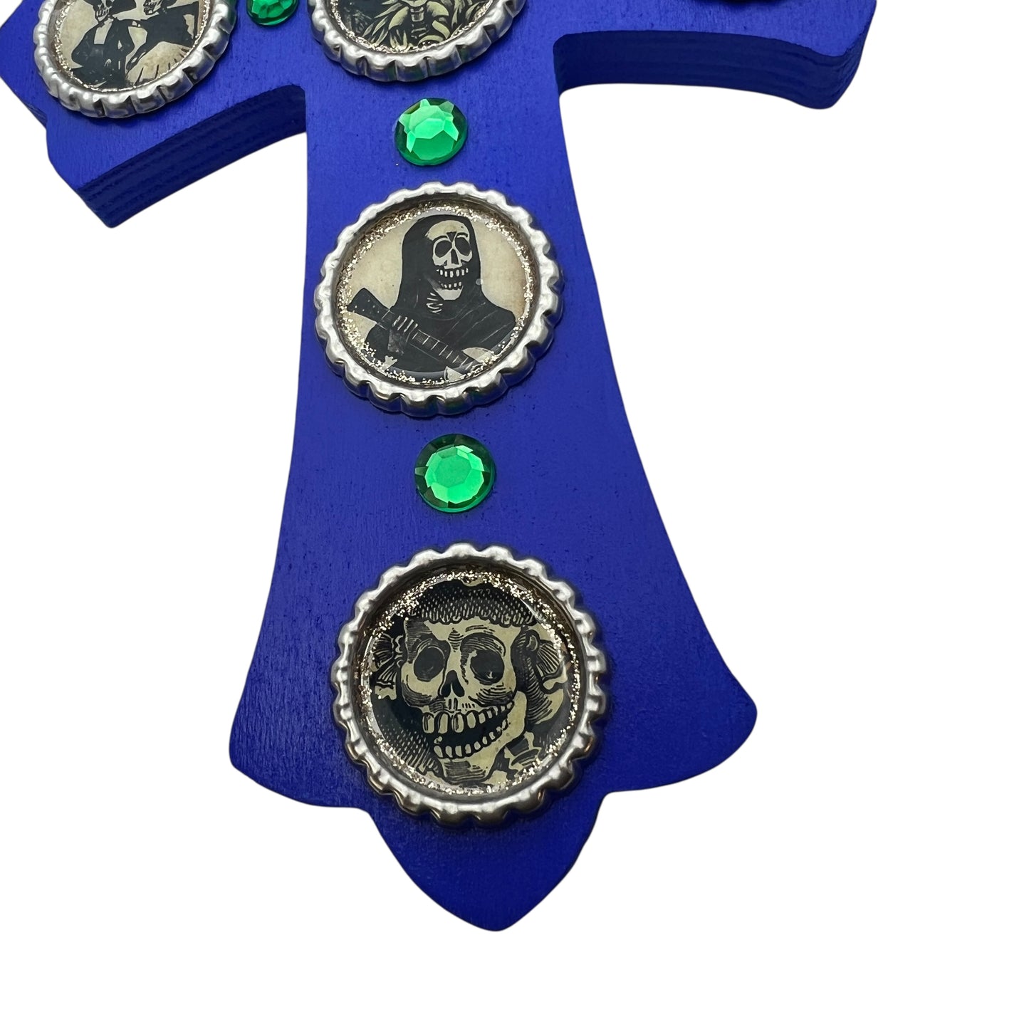 Blue Wooden Cross with Bottle Cap Calavera Art – Día de los Muertos Wall Décor