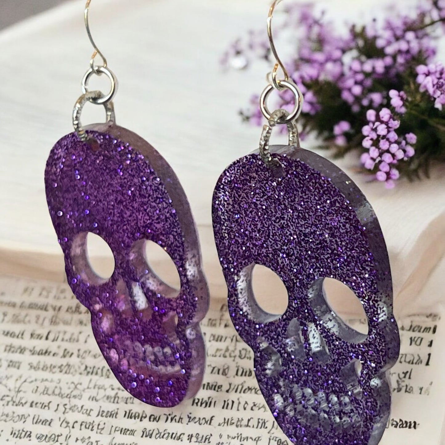Large Purple Glitter Resin Skull Earrings