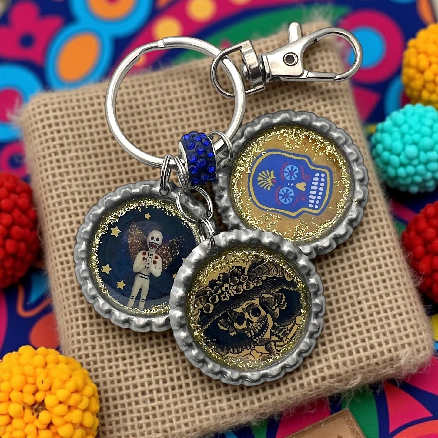 Day of the Dead Bottle Cap Keychain – Resin Calavera, La Catrina & Skeleton Angel