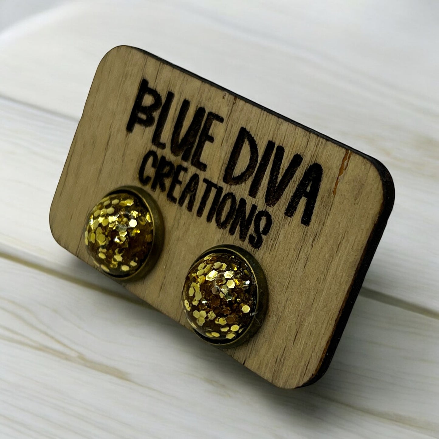 Gold Glitter Resin Stud Earrings – 12mm Sparkly Dome, Hypoallergenic, Handmade