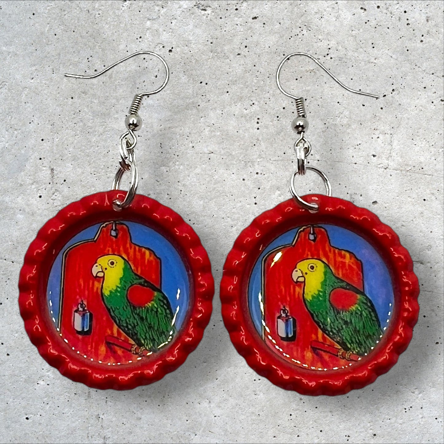 El Cotorro Mexican Loteria Card Bottle Cap Earrings