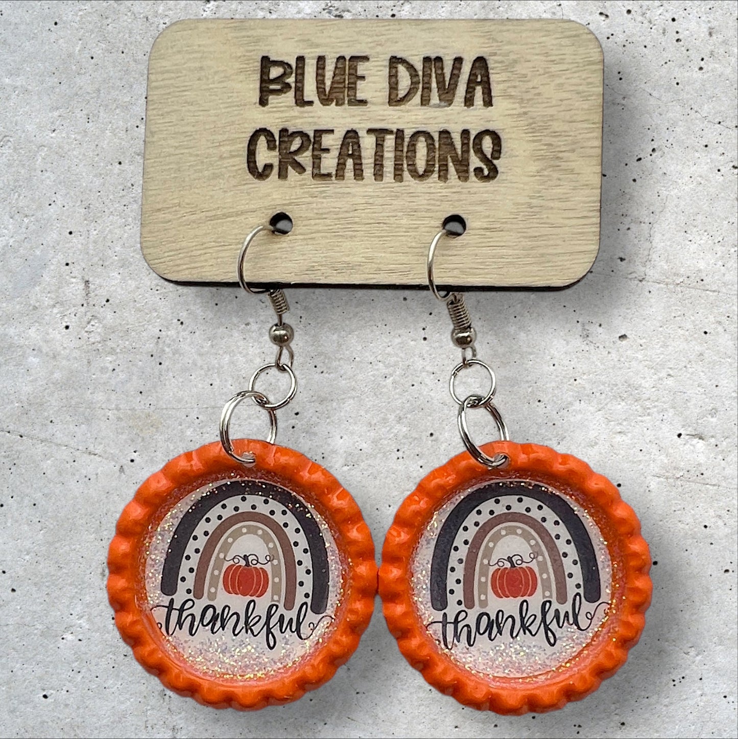 “Thankful” Rainbow Orange Bottle Cap Earrings