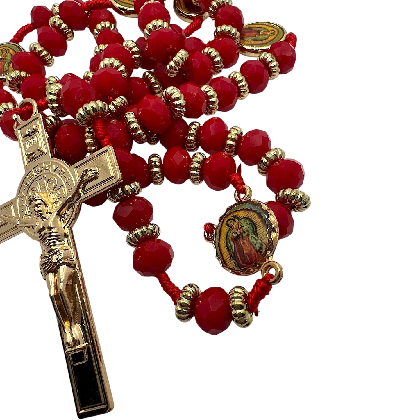 Red Crystal Rosary 21” with Our Lady of Guadalupe Medals & Gold Crucifix