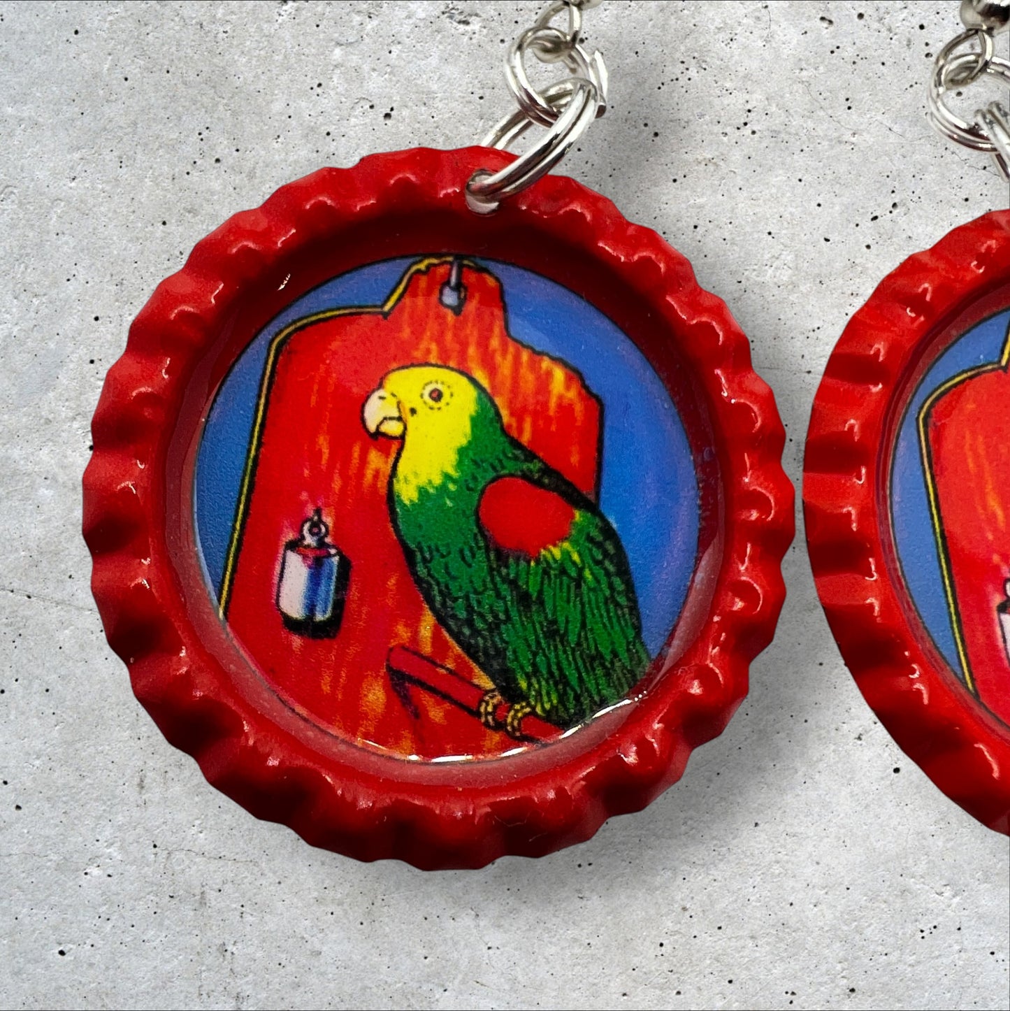 El Cotorro Mexican Loteria Card Bottle Cap Earrings