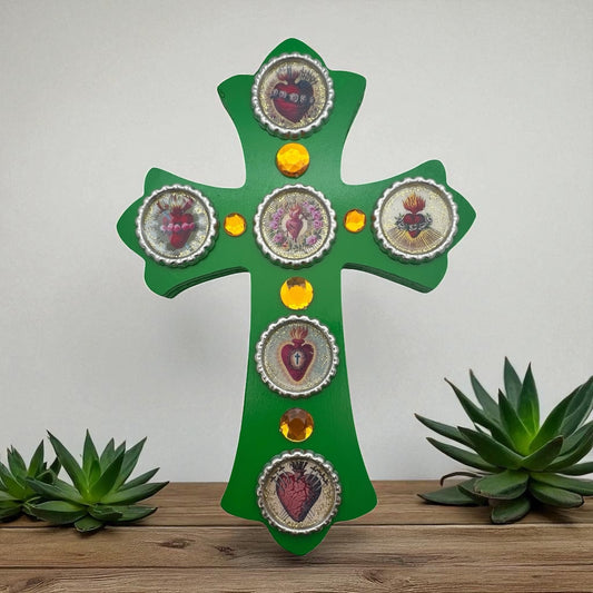 Sacred Heart Wooden Cross – 8” Green Folk Art Cross with Bottle Cap Resin Images & Rhinestones